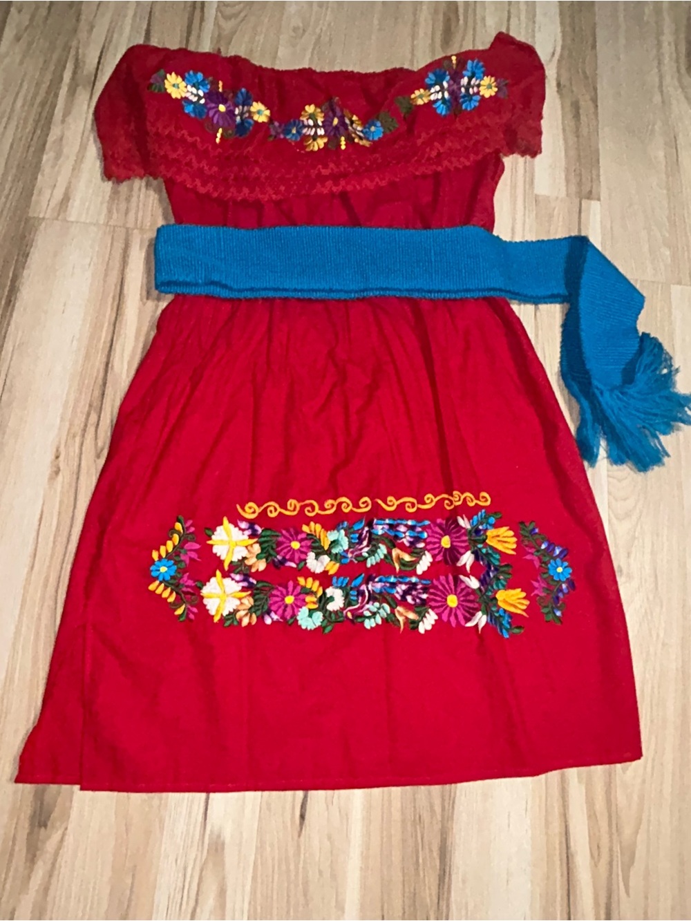 Red Off-Shoulder Embroidered Casual Dress with Blue Sash